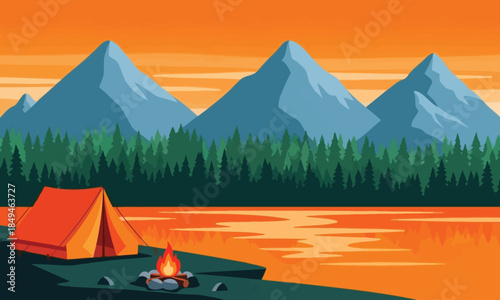 Camping adventure with a vibrant orange tent set against a backdrop of majestic mountains and a serene lake at sunset