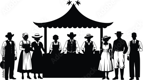 Vintage Market Stall Silhouette Vector Illustration, Old-Fashioned People Selling Goods Graphic, Western Fair Booth Vendor Crowd, Retro Black and White Design