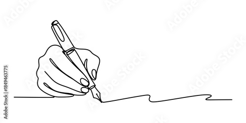 Continuous one line drawing of hand writing with fountain pen on white background Vector, illustration