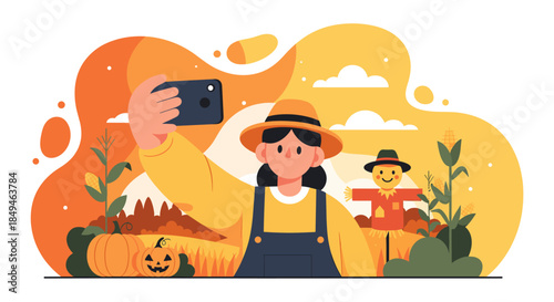 Cartoon Farmer Taking Selfie with Scarecrow.