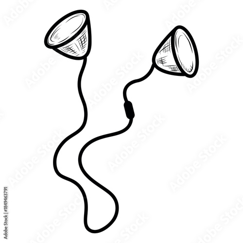 Wired in-ear earbuds illustration. Hand-drawn wired headphone cable design. Sketch of wired earbud headphones