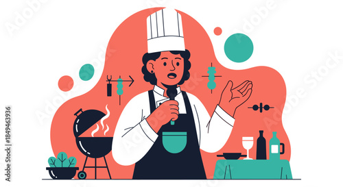 Chef Cooking with Ingredients and Utensils.