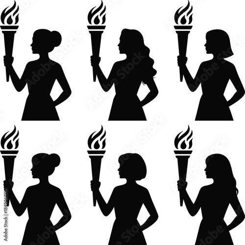 Silhouettes of diverse women holding flaming torches in a symbolic representation of unity and progress