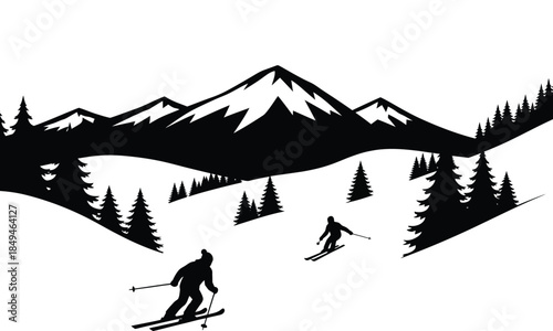 Dynamic winter mountain scene illustration featuring active skiers descending snowy slopes amidst towering peaks and a serene forest of evergreen trees, perfect for outdoor adventure themes