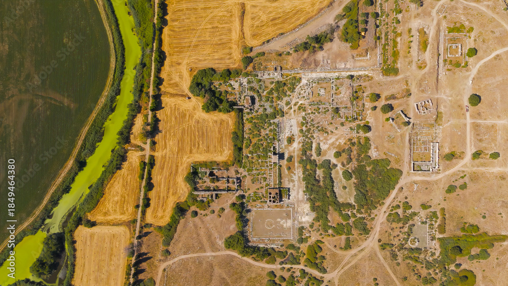 Obraz premium Balat, Turkey. Aerial view of the Capito Roman Baths and South Agora complex at Miletus archaeological site. Aerial View