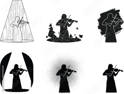 Violinist woman silhouette vector collection, elegant female musician playing violin, abstract art performance design, classical music illustration, creative concert composition