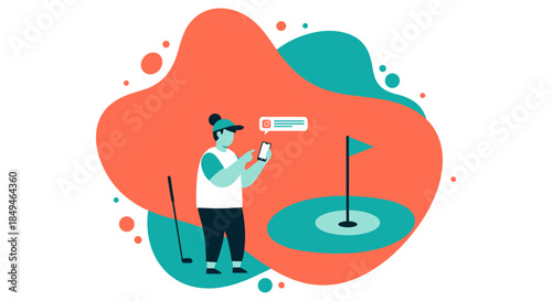 Golfer Checking Phone Near Golf Hole.