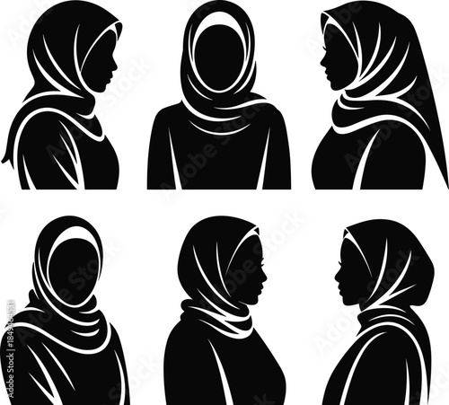 Silhouettes of muslim women wearing hijabs in various poses and angles