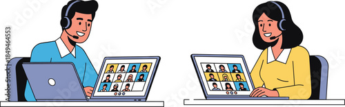 Virtual meeting, remote communication, online teamwork, video conference call, headset users, laptop screens, digital workspace, modern office setup, remote work environment