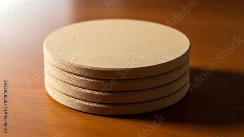 Elevated stack of circular coasters presents simple, elegant texture
