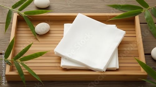 Elegant Spa Still Life Featuring Bamboo, White Napkins and River Stones