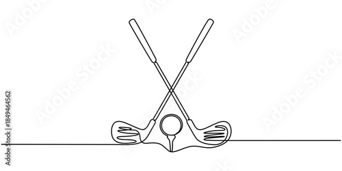 Golf stick and ball in a continuous line drawing style. Symbol of outdoor sports, leisure, and golfing activities.