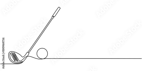 Golf stick and ball in a continuous line drawing style. Symbol of outdoor sports, leisure, and golfing activities.