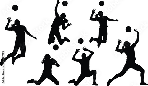Volleyball girls silhouette vector collection, female players spiking and serving ball, active sport poses set isolated on white background for team design.