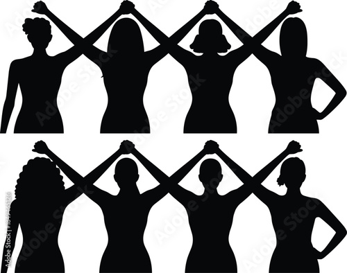 Silhouettes of women forming a roof shape with their arms raised in unity