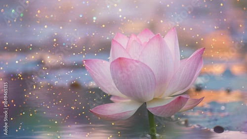 A beautiful pink lotus flower floats peacefully on calm water, surrounded by gentle bokeh lights and reflections, evoking a sense of tranquility and
