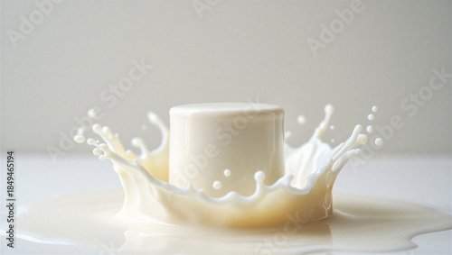 Valokuva Glass of milk with a splash of liquid on a white surface and background still li