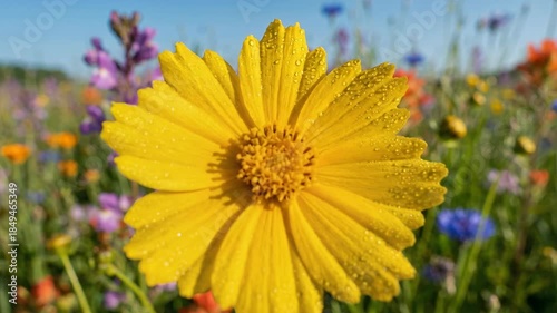 A close-up of a bright yellow Coreopsis flower covered in dew drops, set against a colorful meadow filled with diverse wildflowers under a clear blue