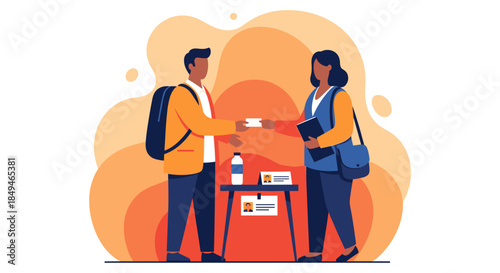 Man and woman exchanging items at counter.