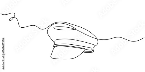 Captain sailor Hat one line drawing, one continuous line drawing of police hat, vector Illustration.