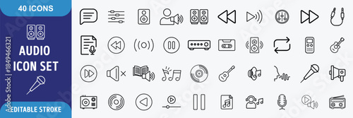 Audio And Sound Outline Icons Set – Speaker, Microphone, Music, Equalizer, Multimedia Vector, Editable Stroke