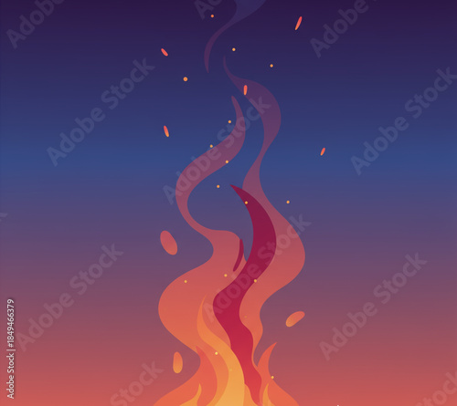 Illustration of vibrant flames dancing upwards against a gradient twilight sky, with embers floating around