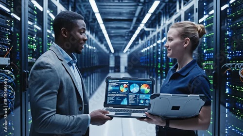 Two Data Center Professionals Discussing Server Rack Performance Metrics on Laptop Screen