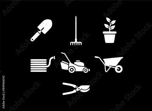 Collection of gardening tools and equipment for landscaping and home maintenance