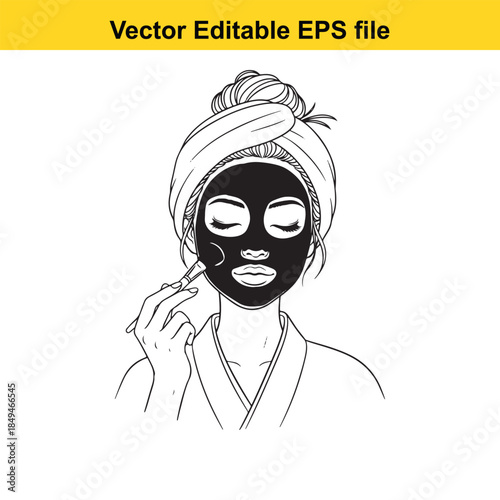  vector illustration of a woman applying face mask, relaxing with eyes closed, in a serene and calming spa treatment setting