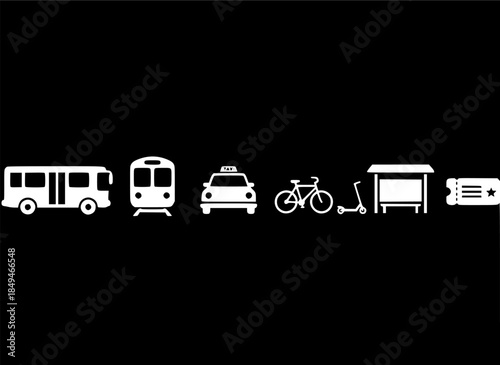 Collection of transportation and travel icons including bus, train, taxi, bicycle, scooter, bus stop and ticket