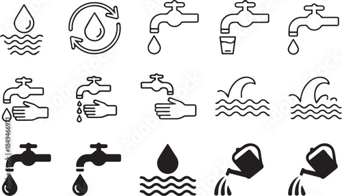 Water Usage & Conservation Icon Set – 12 Black Symbols for Hygiene, Sustainability, and Eco-Friendly Design