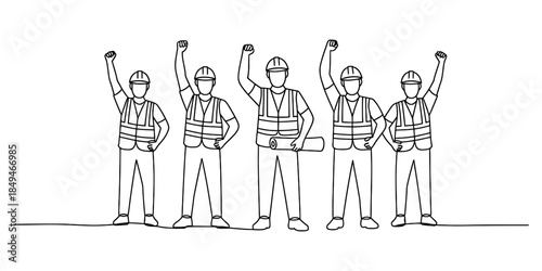 Construction workers united with raised fists in a show of solidarity Vector, illustration