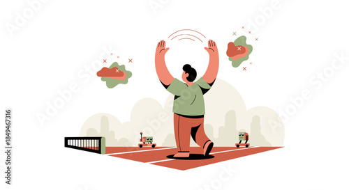 Man Juggling Objects with Raised Arms.