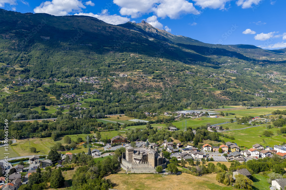 Obraz premium Fenis Castle and valley landscape - Fenis, Italy
