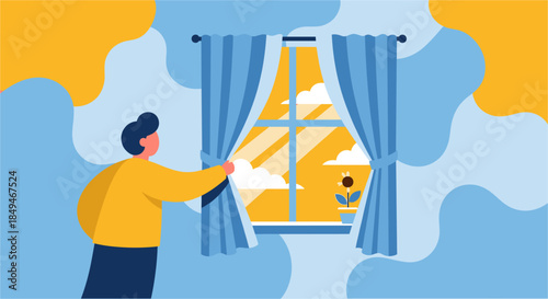 Man Opening Curtains to Bright Light.