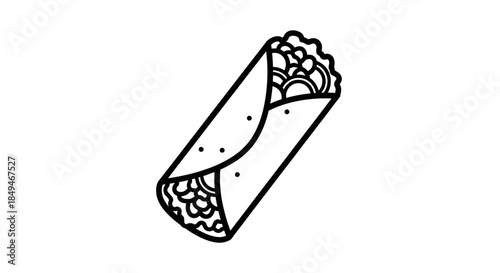 Minimalist Black Line Art Drawing Of A Mexican Burrito Or Wrap With Visible Filling On White Background