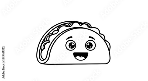 Cute Cartoon Taco Character Black And White Line Art Illustration Featuring Smiling Face With Big Eyes And Wavy Lettuce Filling On White Background