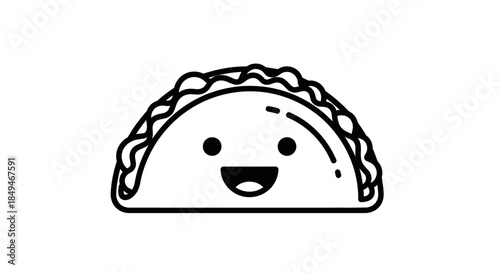 Cute Minimalist Black Line Drawing Of A Smiling Taco Or Dumpling Character With Happy Expression Isolated On White Background