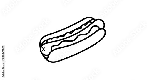 Minimalist Black Line Drawing Of A Hot Dog In A Bun With Mustard Topping On Isolated White Background For Food Menus