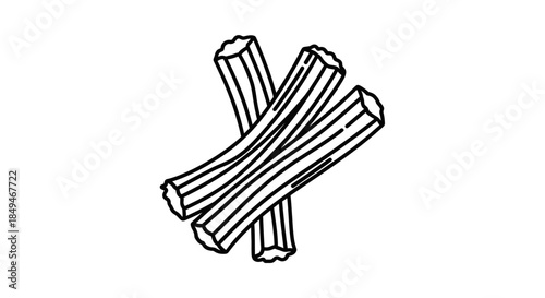 Minimalist Black And White Line Art Illustration Of Three Crunchy Fried Churro Sticks Crossed In A Bundle On A Plain White Background