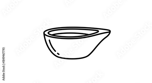 Minimalist black line drawing of a small ceramic bowl with a pouring spout or lip isolated on a white background suitable for kitchenware icons