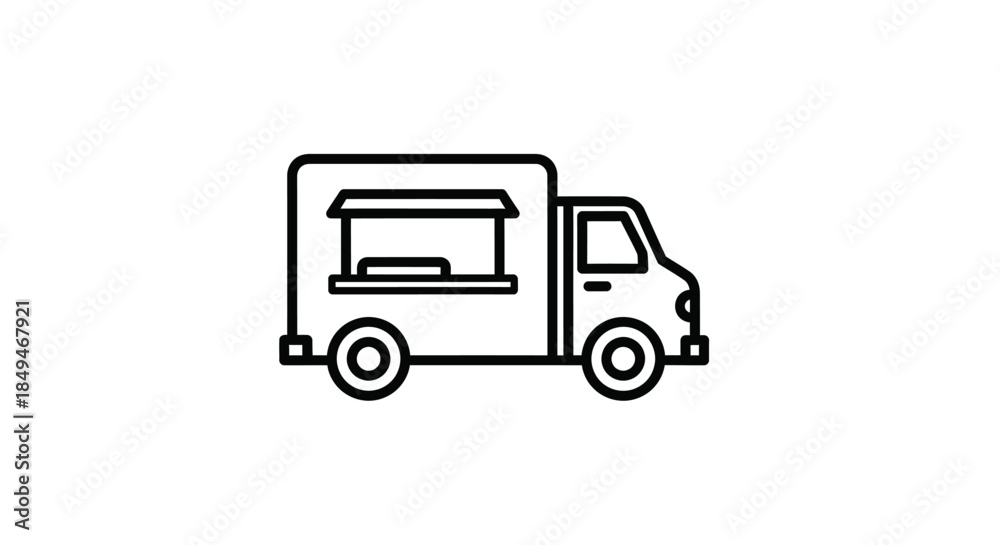 Fototapeta premium Minimalist Black Line Art Icon Of A Food Truck With Open Serving Window And Wheels On A Clean White Background For Web Design And User Interfaces