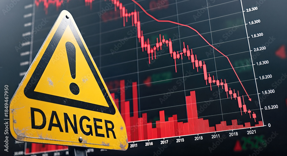 Fototapeta premium Danger warning sign foreground stock market crash chart background red graph financial crisis risk investment collapse economic recession concept