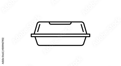 Minimalist Black And White Line Art Icon Of Closed Disposable Food Takeout Container Or Clamshell Box For Delivery Services On White Background