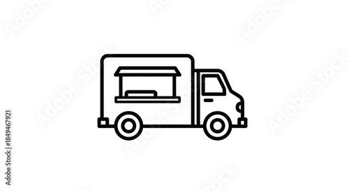 Minimalist Black Line Art Icon Of A Food Truck With Open Serving Window And Wheels On A Clean White Background For Web Design And User Interfaces