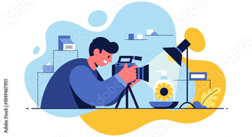 Man Photographing Flower with Camera on Tripod.