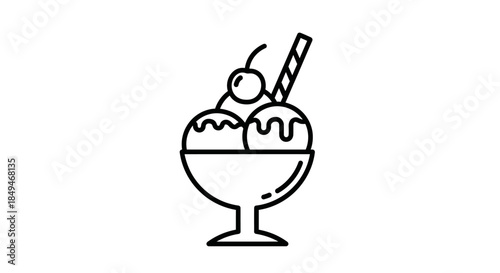 Minimalist Black And White Line Art Icon Illustration Of An Ice Cream Sundae Bowl With Scoops Cherry And Wafer Stick On White Background