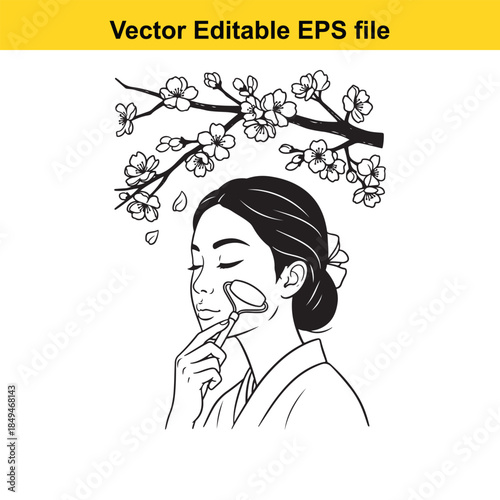  vector illustration of a woman applying makeup under blooming cherry blossoms in a simple line art style