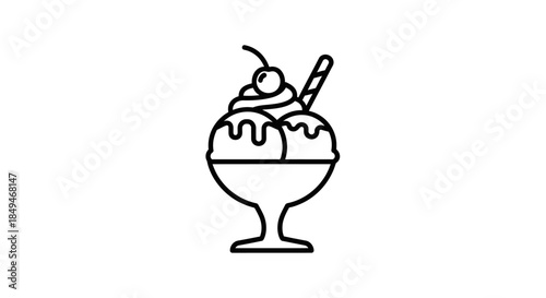Minimalist Black Line Icon Of Ice Cream Sundae In Glass Bowl With Whipped Cream Cherry And Wafer Stick On White Background