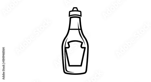 Minimalist Black And White Line Art Icon Of A Condiment Sauce Bottle With Cap And Shield Label On Isolated White Background